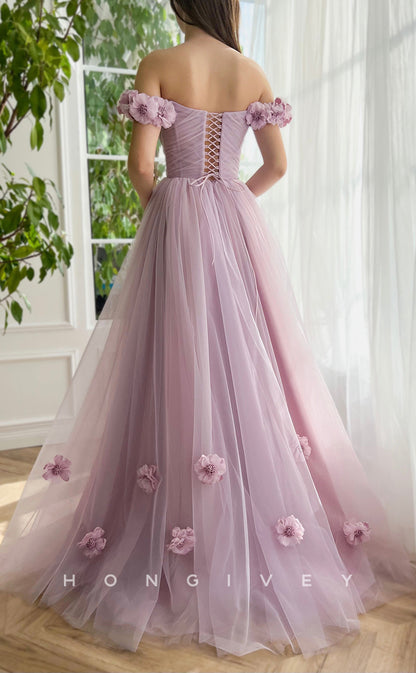 L1856 - Sexy Tulle A-Line Off-Shoulder Sleeveless Empire Floral Embossed With Side SlitParty Prom Evening Dress