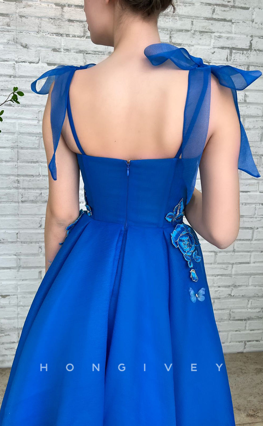 L1857 - Sexy Satin A-Line Square Bowknot Straps Empire Appliques Party Prom Evening Dress