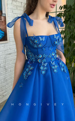 L1857 - Sexy Satin A-Line Square Bowknot Straps Empire Appliques Party Prom Evening Dress