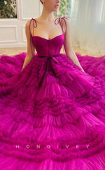 L1858 - Sexy Tulle A-Line Sweetheart Spaghetti Straps Empire Bowknot Long Ball Gown Party Prom Evening Dress