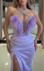 L1862 - Sexy Satin Trumpt Cross-Neck Empire Pleats Beaded Feathers With Side Slit Party Prom Evening Dress