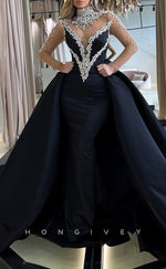 L1863 - Sexy Satin Glitter High Neck Long Sleeve Empire Beaded With Overskirt Train Party Prom Evening Dress