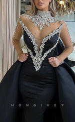 L1863 - Sexy Satin Glitter High Neck Long Sleeve Empire Beaded With Overskirt Train Party Prom Evening Dress