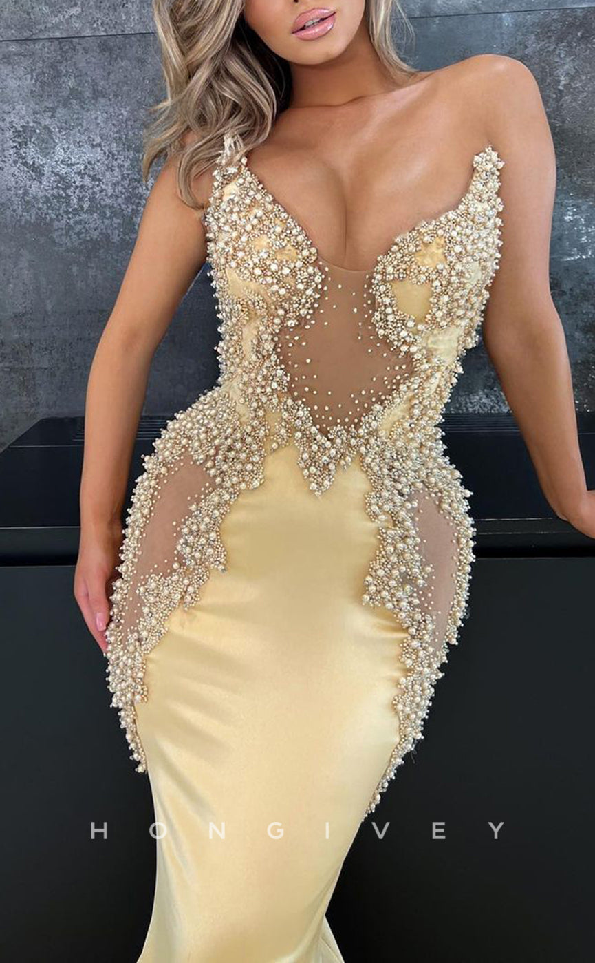 L1865 - Sexy Satin Trumpt Glitter Asymmetrical Sleeveless Empire Beaded Party Prom Evening Dress