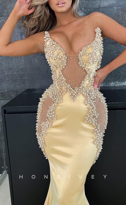L1865 - Sexy Satin Trumpt Glitter Asymmetrical Sleeveless Empire Beaded Party Prom Evening Dress