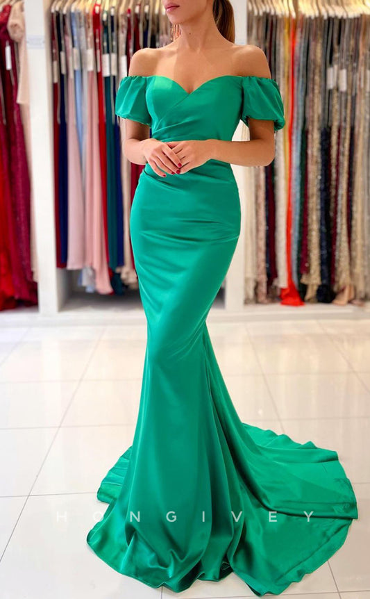 L1870 - Sexy Satin Trumpt Off-Shoulder Empire Ruched With Train Party Prom Evening Dress