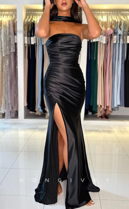 L1871 - Sexy Satin Fitted Halter Strapless With Gloves Empire Ruched With Side Slit Party Prom Evening Dress