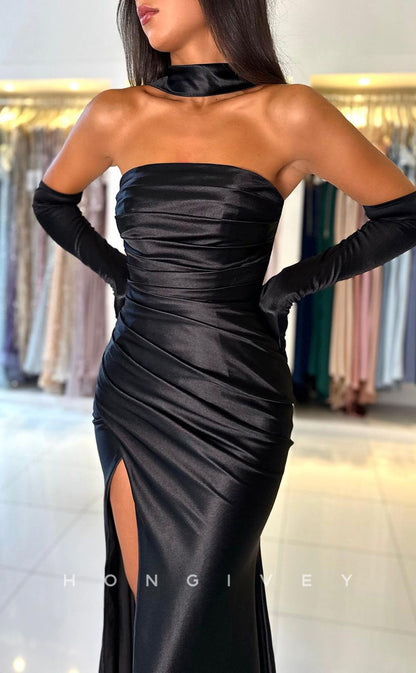 L1871 - Sexy Satin Fitted Halter Strapless With Gloves Empire Ruched With Side Slit Party Prom Evening Dress