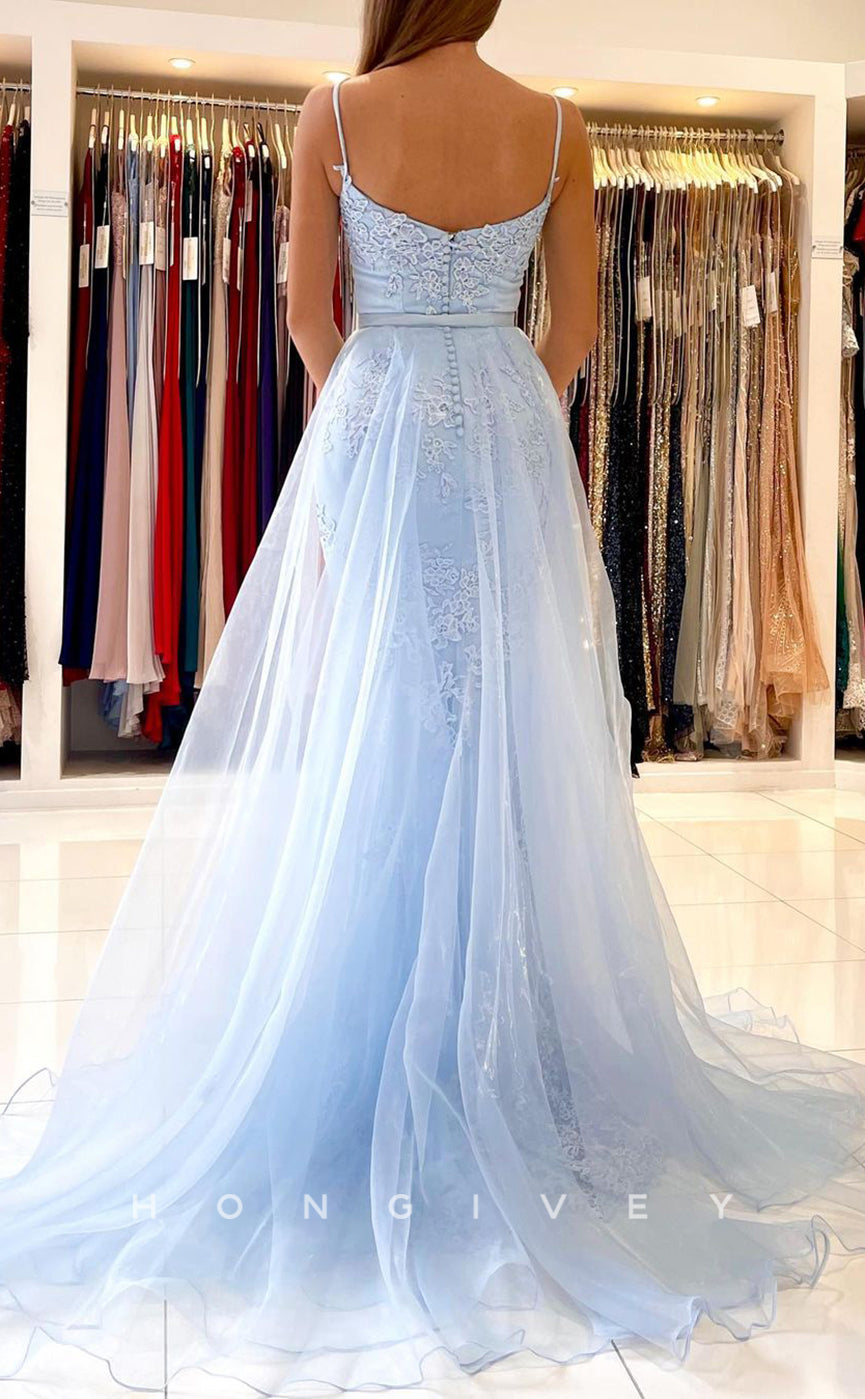 L1873 - Sexy Satin Fitted Sweetheart Spaghetti Straps Empire Appliques Tulle Train Party Prom Evening Dress