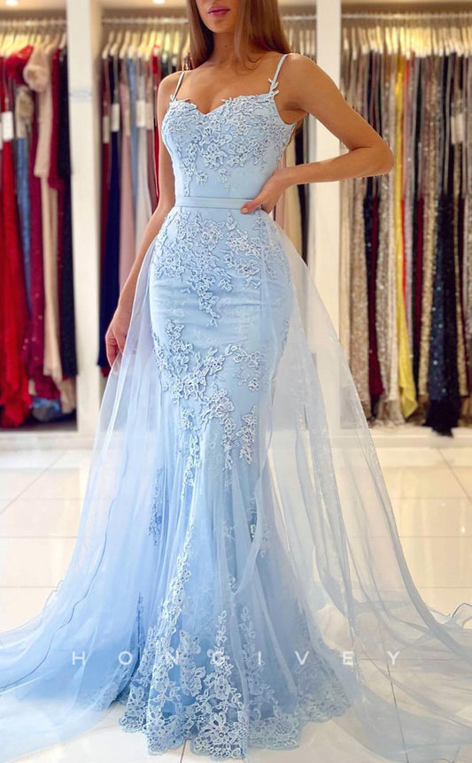 L1873 - Sexy Satin Fitted Sweetheart Spaghetti Straps Empire Appliques Tulle Train Party Prom Evening Dress