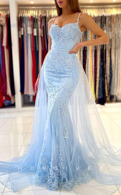 L1873 - Sexy Satin Fitted Sweetheart Spaghetti Straps Empire Appliques Tulle Train Party Prom Evening Dress