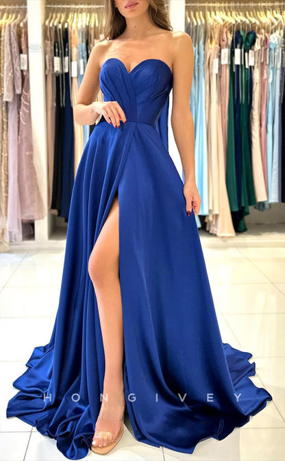 L1875 - Sexy Satin A-Line Sweetheart Strapless Empire Ruched With Side Slit Party Prom Evening Dress