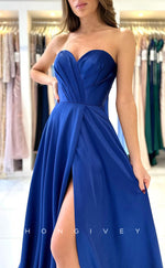 L1875 - Sexy Satin A-Line Sweetheart Strapless Empire Ruched With Side Slit Party Prom Evening Dress