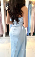 L1876 - Sexy Satin Fitted Bateau Strapless Empire Pleats With Slit Train Party Prom Evening Dress