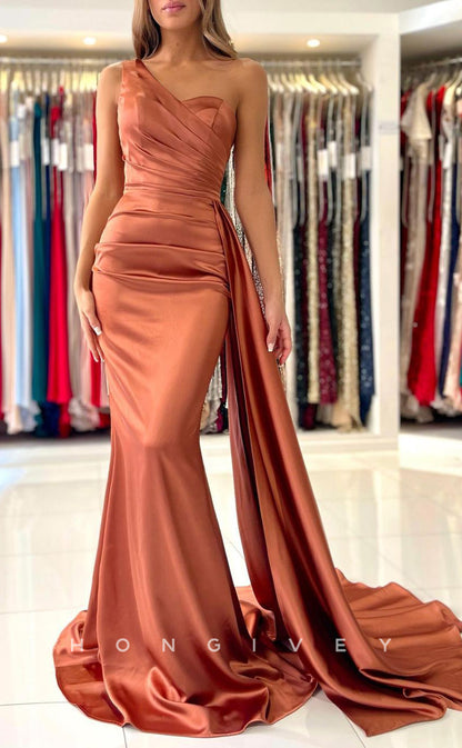 L1878 - Sexy Satin Trumpt One Shoulder Empire Pleats With Train Party Prom Evening Dress