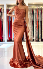 L1878 - Sexy Satin Trumpt One Shoulder Empire Pleats With Train Party Prom Evening Dress