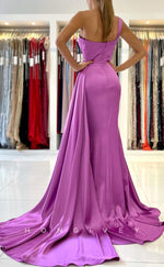 L1879 - Sexy Satin Trumpt One Shoulder Empire Pleats With Train Party Prom Evening Dress