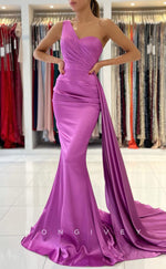 L1879 - Sexy Satin Trumpt One Shoulder Empire Pleats With Train Party Prom Evening Dress