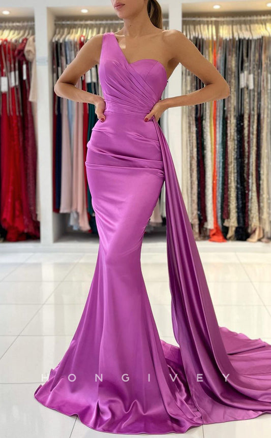 L1879 - Sexy Satin Trumpt One Shoulder Empire Pleats With Train Party Prom Evening Dress