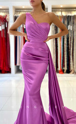 L1879 - Sexy Satin Trumpt One Shoulder Empire Pleats With Train Party Prom Evening Dress