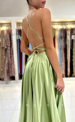 L1880 - Sexy Satin A-Line Bateau Spaghetti Straps Empire With Side Slit Party Prom Evening Dress