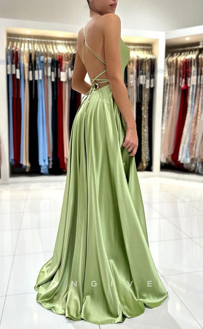 L1880 - Sexy Satin A-Line Bateau Spaghetti Straps Empire With Side Slit Party Prom Evening Dress