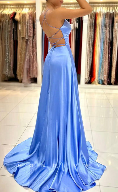 L1881 - Sexy Satin A-Line V-Neck Spaghetti Straps Empire With Side Slit Train Party Prom Evening Dress