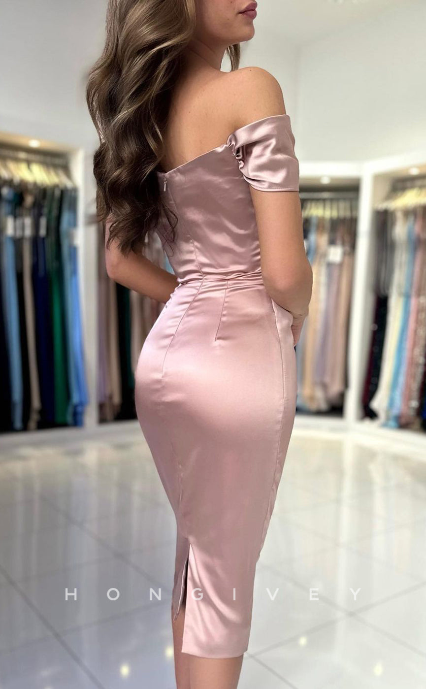 L1883 - Sexy Satin Fitted Off-Shoulder Empire Ruched With Slit Party Prom Evening Dress