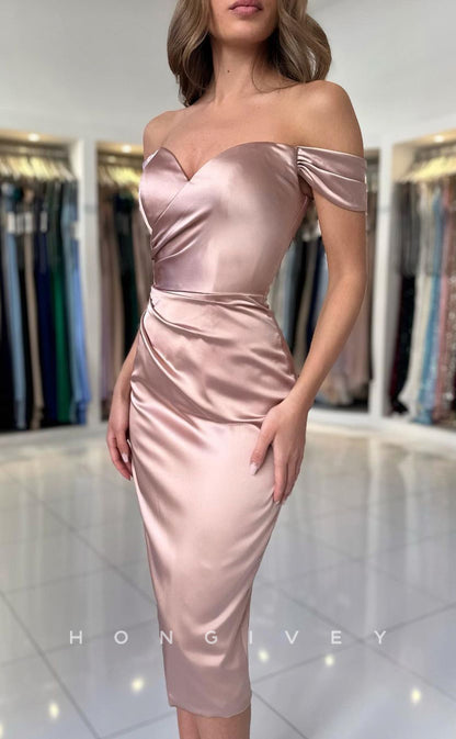 L1883 - Sexy Satin Fitted Off-Shoulder Empire Ruched With Slit Party Prom Evening Dress