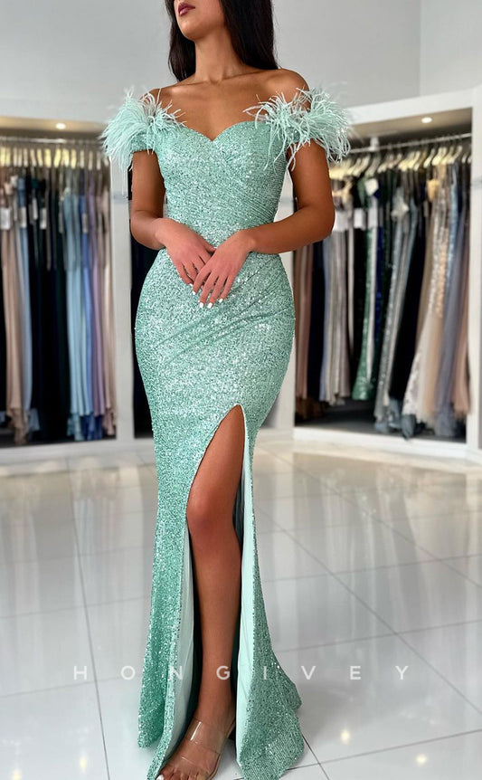 L1887 - Sexy Fitted Glitter Off-Shoulder Empire Pleats Feathers With Side Slit Party Prom Evening Dress