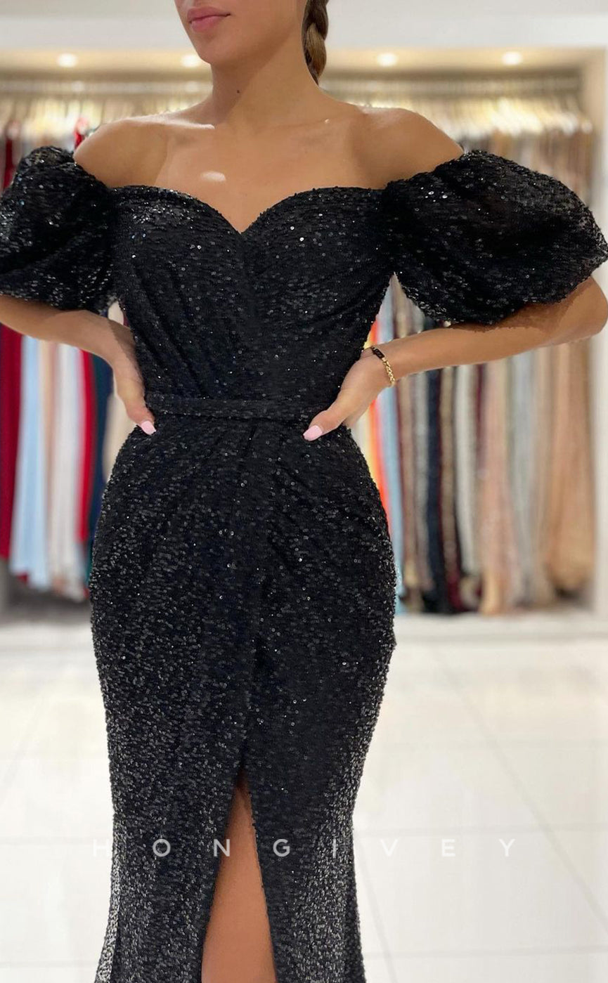 L1888 - Sexy Black Trumpt Glitter Off-Shoulder Empire Pleats Fully Sequined Party Prom Evening Dress