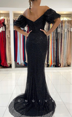 L1888 - Sexy Black Trumpt Glitter Off-Shoulder Empire Pleats Fully Sequined Party Prom Evening Dress