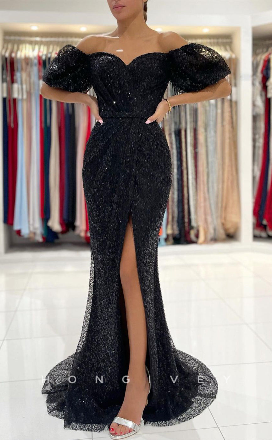 L1888 - Sexy Black Trumpt Glitter Off-Shoulder Empire Pleats Fully Sequined Party Prom Evening Dress