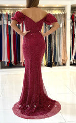 L1889 - Sexy Trumpt Glitter Puff Sleeves Gown Off-Shoulder Empire With Side Slit Party Prom Evening Dress