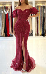 L1889 - Sexy Trumpt Glitter Puff Sleeves Gown Off-Shoulder Empire With Side Slit Party Prom Evening Dress