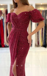 L1889 - Sexy Trumpt Glitter Puff Sleeves Gown Off-Shoulder Empire With Side Slit Party Prom Evening Dress