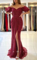 L1889 - Sexy Trumpt Glitter Puff Sleeves Gown Off-Shoulder Empire With Side Slit Party Prom Evening Dress