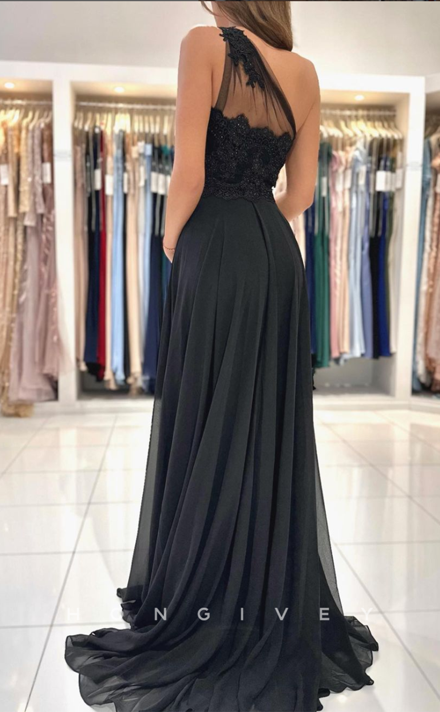 L1890 - Sexy Satin A-Line One Shoulder Empire Beaded Appliques With Side Slit Party Prom Evening Dress