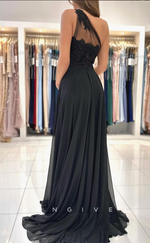 L1890 - Sexy Satin A-Line One Shoulder Empire Beaded Appliques With Side Slit Party Prom Evening Dress