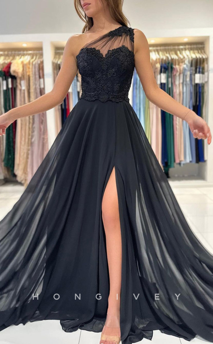 L1890 - Sexy Satin A-Line One Shoulder Empire Beaded Appliques With Side Slit Party Prom Evening Dress