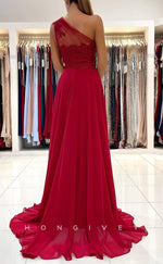 L1891 - Sexy Satin A-Line One Shoulder Empire Beaded Appliques With Side Slit Train Party Prom Evening Dress