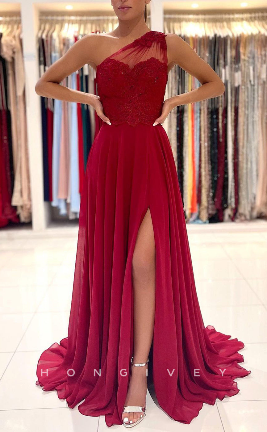 L1891 - Sexy Satin A-Line One Shoulder Empire Beaded Appliques With Side Slit Train Party Prom Evening Dress