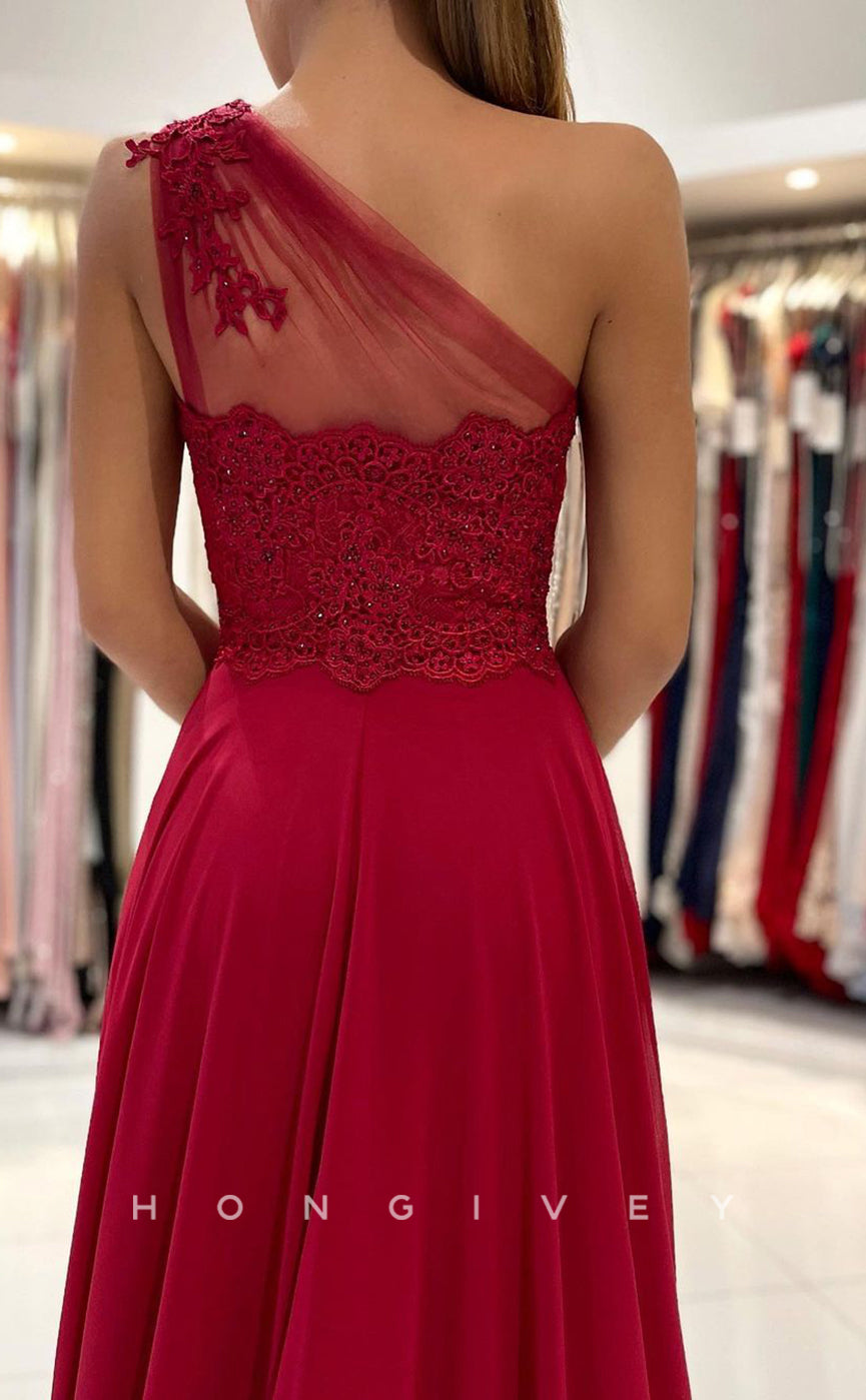 L1891 - Sexy Satin A-Line One Shoulder Empire Beaded Appliques With Side Slit Train Party Prom Evening Dress