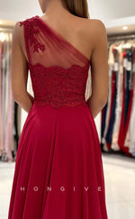 L1891 - Sexy Satin A-Line One Shoulder Empire Beaded Appliques With Side Slit Train Party Prom Evening Dress