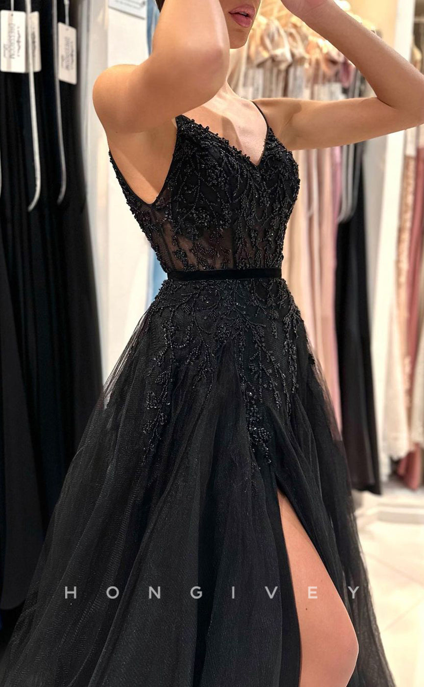 L1894 - Sexy Tulle A-Line V-Neck Spaghetti Straps Empire Beaded With Side Slit Party Prom Evening Dress