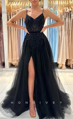 L1894 - Sexy Tulle A-Line V-Neck Spaghetti Straps Empire Beaded With Side Slit Party Prom Evening Dress