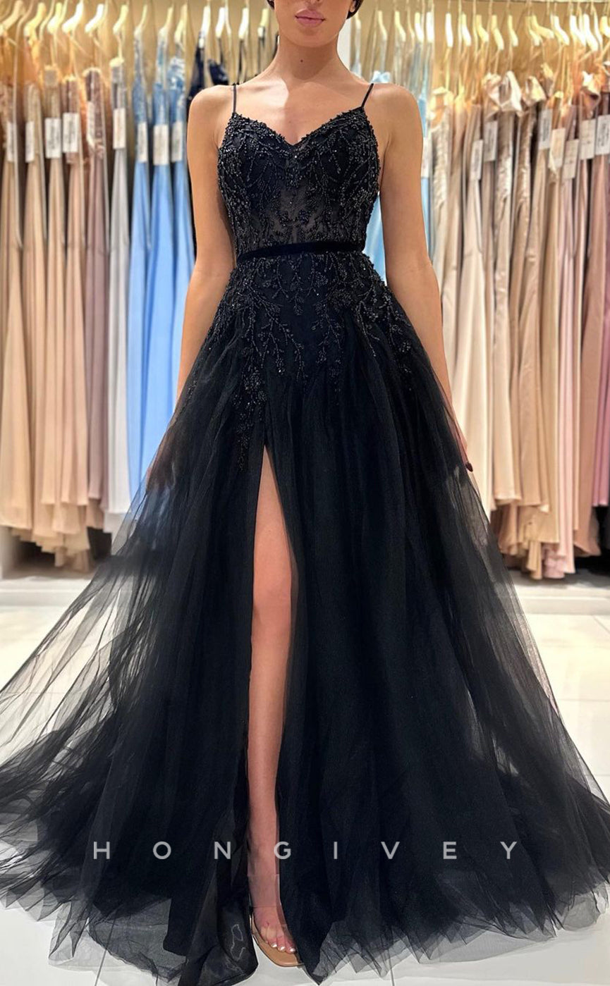 L1894 - Sexy Tulle A-Line V-Neck Spaghetti Straps Empire Beaded With Side Slit Party Prom Evening Dress