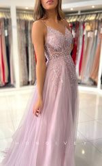 L1896 - Sexy Illusion Tulle A-Line V-Neck Spaghetti Straps Empire Beaded Appliques Party Prom Evening Dress