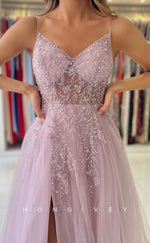 L1896 - Sexy Illusion Tulle A-Line V-Neck Spaghetti Straps Empire Beaded Appliques Party Prom Evening Dress