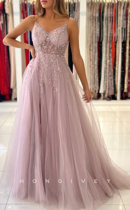 L1896 - Sexy Illusion Tulle A-Line V-Neck Spaghetti Straps Empire Beaded Appliques Party Prom Evening Dress